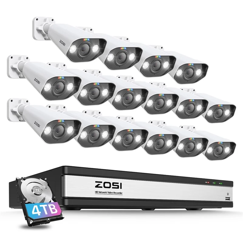 ZOSI 16CH Security Camera System with 4TB HDD 16pcs 5MP Poe Cameras Face / Person / Vehicle Detection - EU Plug
