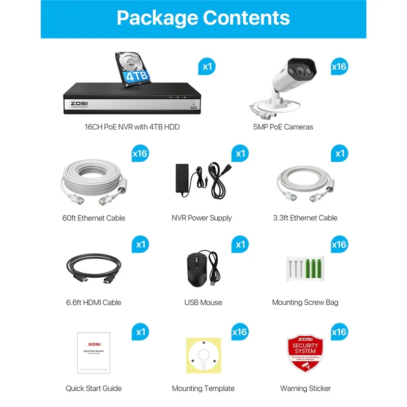 ZOSI 16CH Security Camera System with 4TB HDD 16pcs 5MP Poe Cameras Face / Person / Vehicle Detection - EU Plug