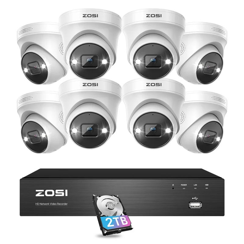ZOSI Night Vision Security Poe Camera System 8CH NVR 8 5MP IP Cameras with 2TB HDD for 24 / 7 Home Recording - US Plug