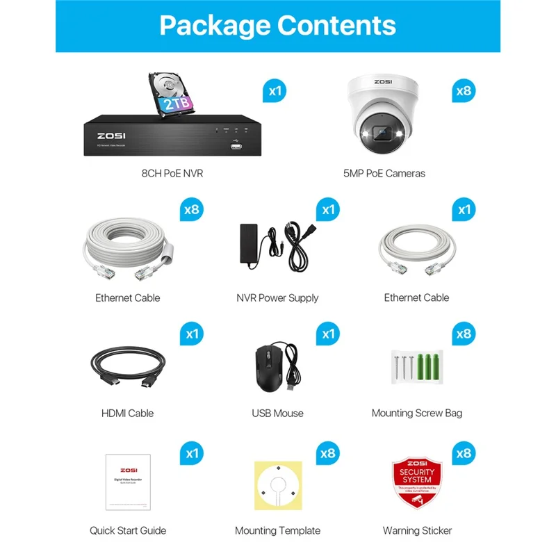 ZOSI Night Vision Security Poe Camera System 8CH NVR 8 5MP IP Cameras with 2TB HDD for 24 / 7 Home Recording - EU Plug