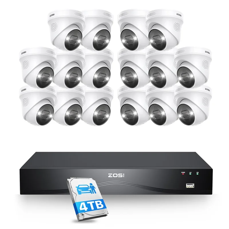 ZOSI 16CH 4K PoE Security Camera System 16 Port 8MP NVR with 4TB HDD 16x Outdoor IP Dome Cameras - EU Plug