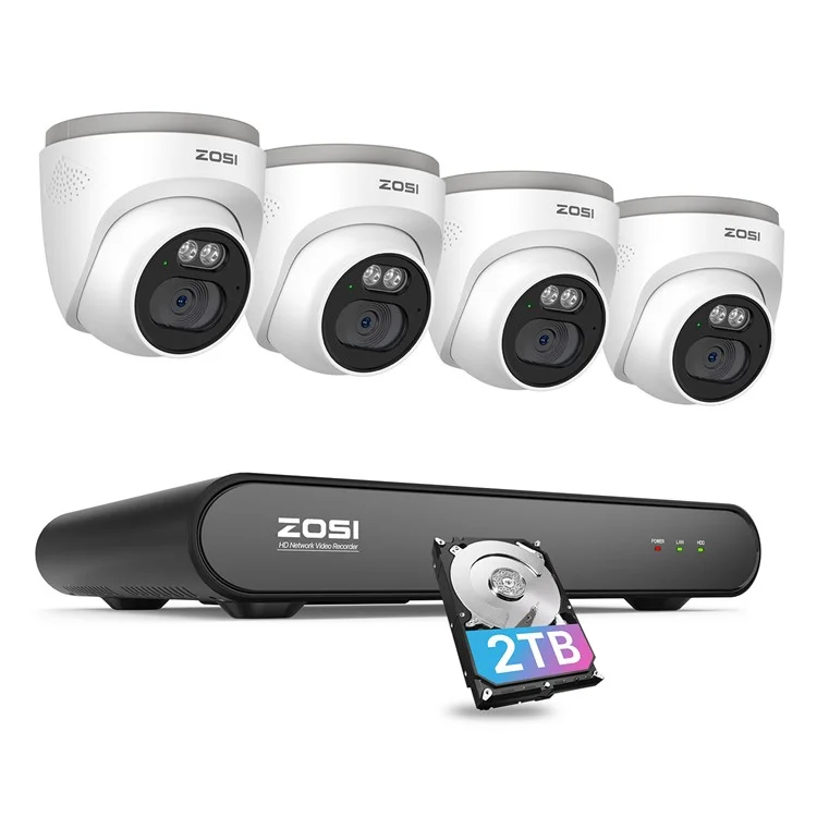 ZOSI C220 8-Kanal 4MP QHD 2,5K POE Sicherheitskamerasystem 8-Kanal 5MP 3K NVR mit 2TB Festplatte für 24/7-Aufzeichnung 4 x 4MP Dome-IP-Kamera - US-Stecker