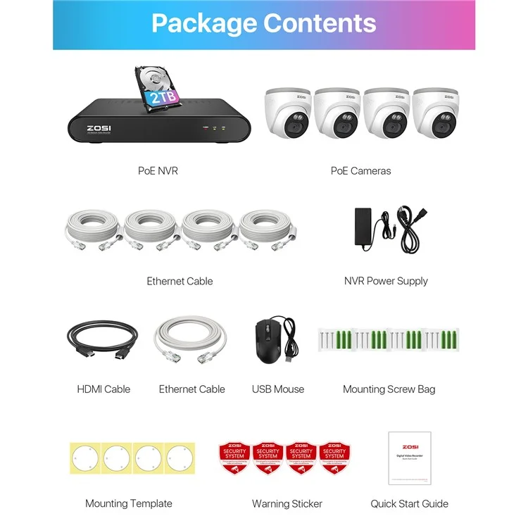 ZOSI C220 8CH 4MP QHD 2.5K PoE Security Camera System 8CH 5MP 3K NVR with 2TB HDD for 24 / 7 Record 4 x 4MP Dome IP Camera - UK Plug