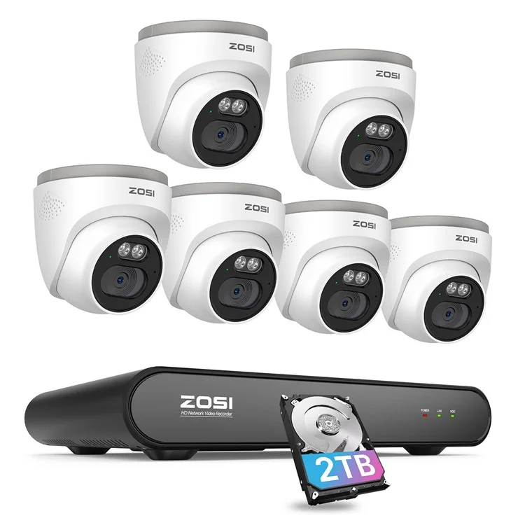 ZOSI C220 8 canaux 4MP QHD 2,5K Caméra de sécurité PoE 8 canaux 5MP 3K NVR avec disque dur 2 To pour un enregistrement 24/7 6 x 4MP Caméra dôme IP - Prise UE