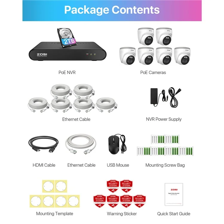 ZOSI C220 8 canaux 4MP QHD 2,5K Caméra de sécurité PoE 8 canaux 5MP 3K NVR avec disque dur 2 To pour un enregistrement 24/7 6 x 4MP Caméra dôme IP - Prise UE