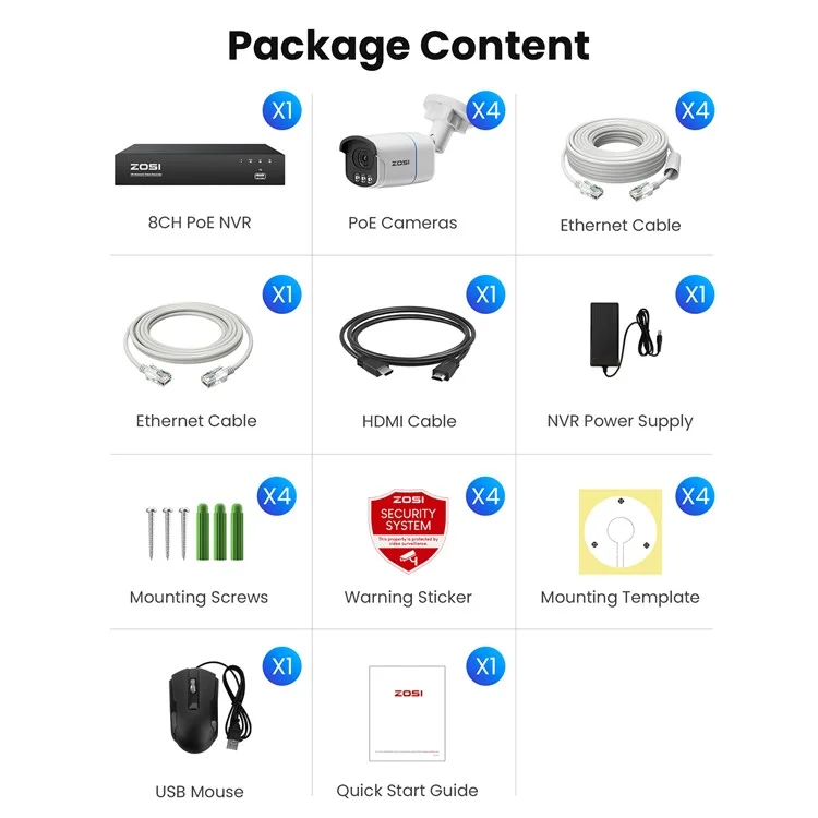 ZOSI C186 4K Aurora Lux Poe Security Camera True Full Color Night Vision 8MP 8CH NVR with 2TB HDD - US Plug