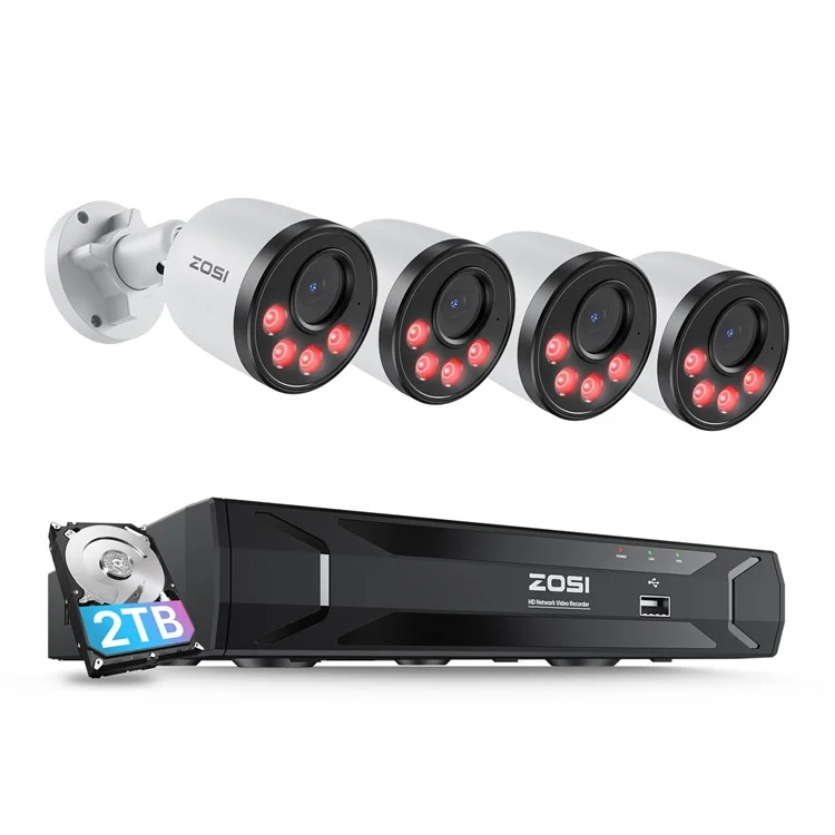 ZOSI 8CH Poe Security Camera System With 2TB HDD H.265+ NVR 4pcs 5MP Outdoor Poe IP Cameras - US Plug