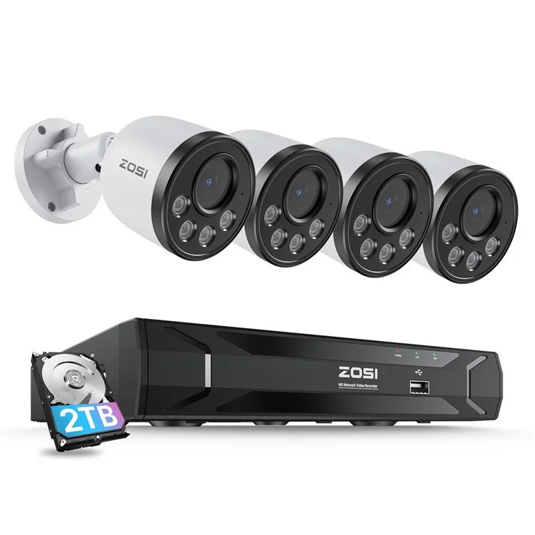 ZOSI 8CH Poe Security Camera System With 2TB HDD H.265+ NVR 4pcs 5MP Outdoor Poe IP Cameras - US Plug