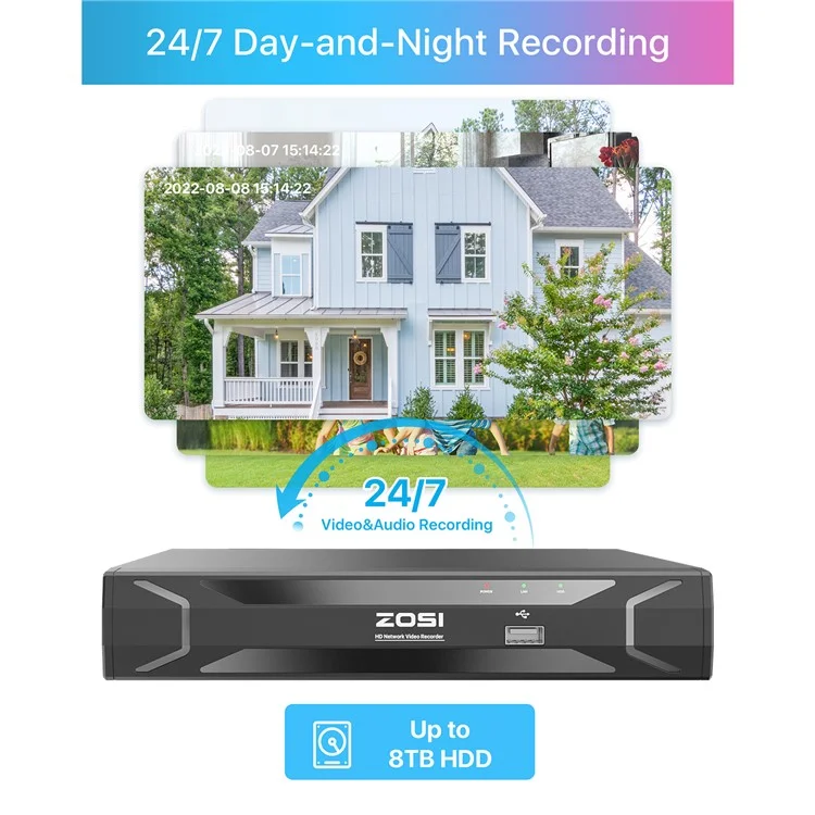 ZOSI 8CH Poe Security Camera System With 2TB HDD H.265+ NVR 4pcs 5MP Outdoor Poe IP Cameras - US Plug