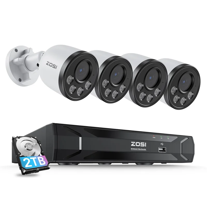 ZOSI 8CH PoE Security Camera System With 2TB HDD H.265+ NVR 4pcs 5MP Outdoor PoE IP Cameras - AU Plug
