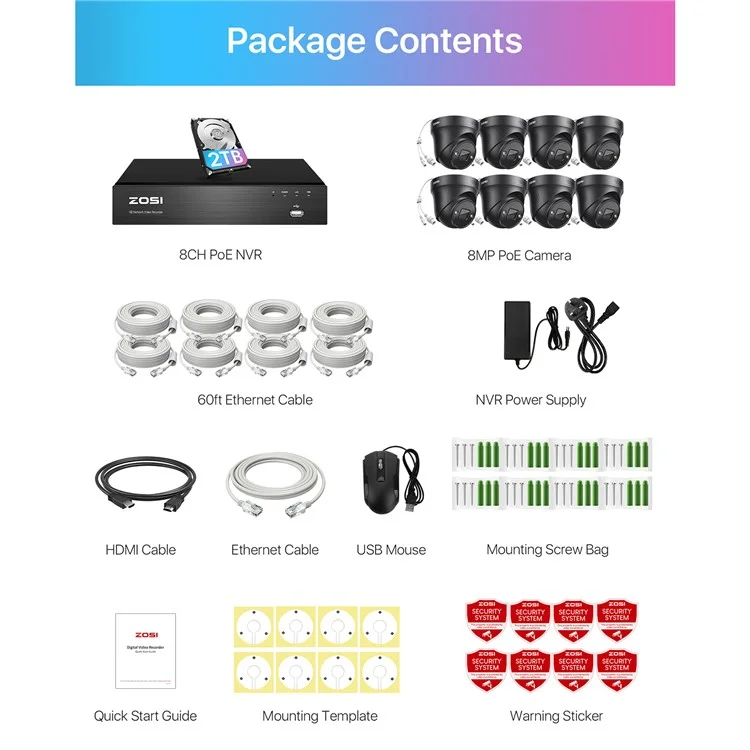 ZOSI 8-Kanal 4K POE Überwachungskamerasystem 8 IP-Kameras Zweiwege-Audio Nachtsicht 8MP NVR mit 2TB Festplatte - US-Stecker