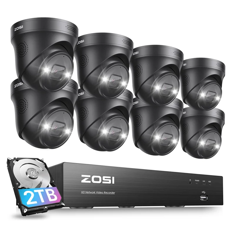 ZOSI 8CH 4K Poe Security Camera System 8 IP Cameras Two Way Audio Night Vision 8MP NVR with 2TB HDD - UK Plug