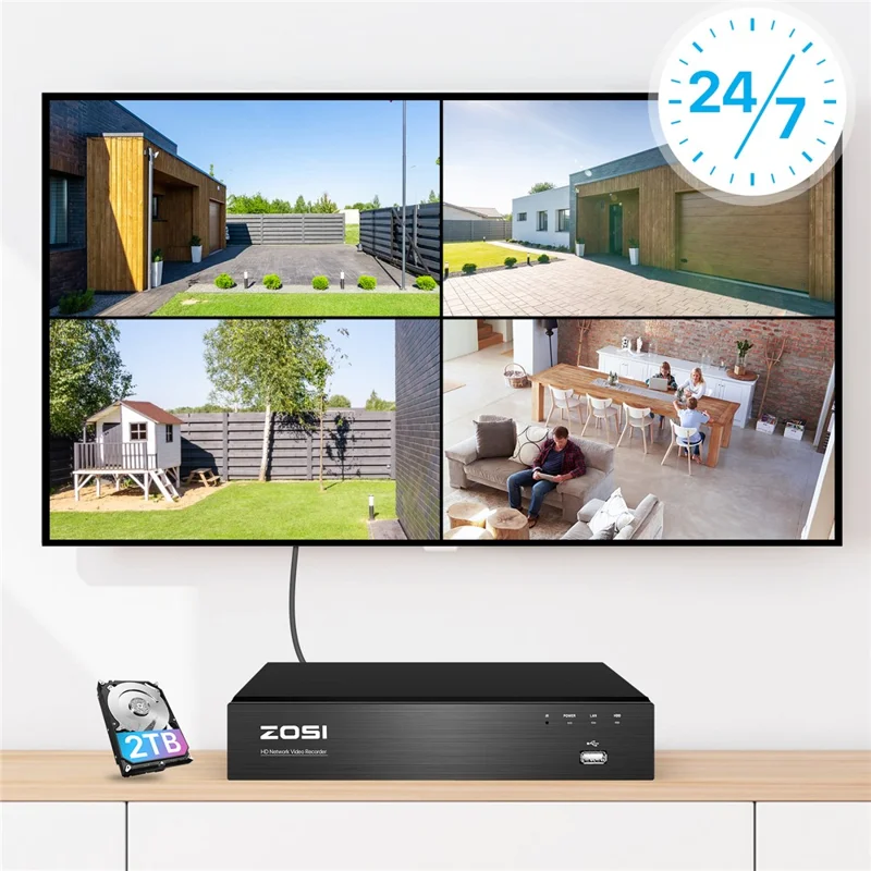 ZOSI 8CH 4K Poe Security Camera System 8 IP Cameras Two Way Audio Night Vision 8MP NVR with 2TB HDD - UK Plug