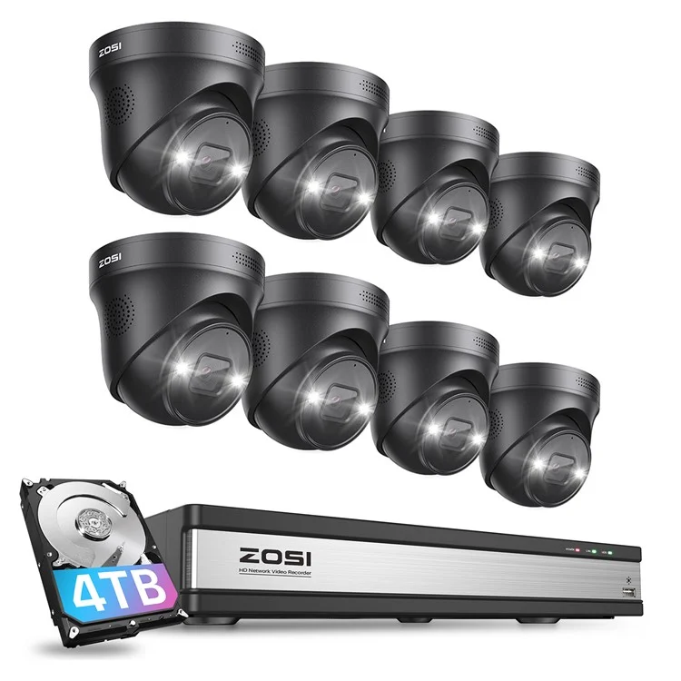 ZOSI 8-Kanal 4K POE Sicherheitskamera-System mit Mensch- und Fahrzeugdetektion, Nachtsicht-IP-Kameras 8MP NVR mit 4TB Festplatte - US-Stecker