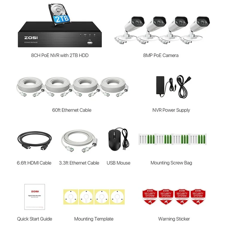 ZOSI 8CH 4K Home Poe Security Camera System 8MP NVR 2TB HDD 4 x 8MP Outdoor Poe IP Cameras - US Plug