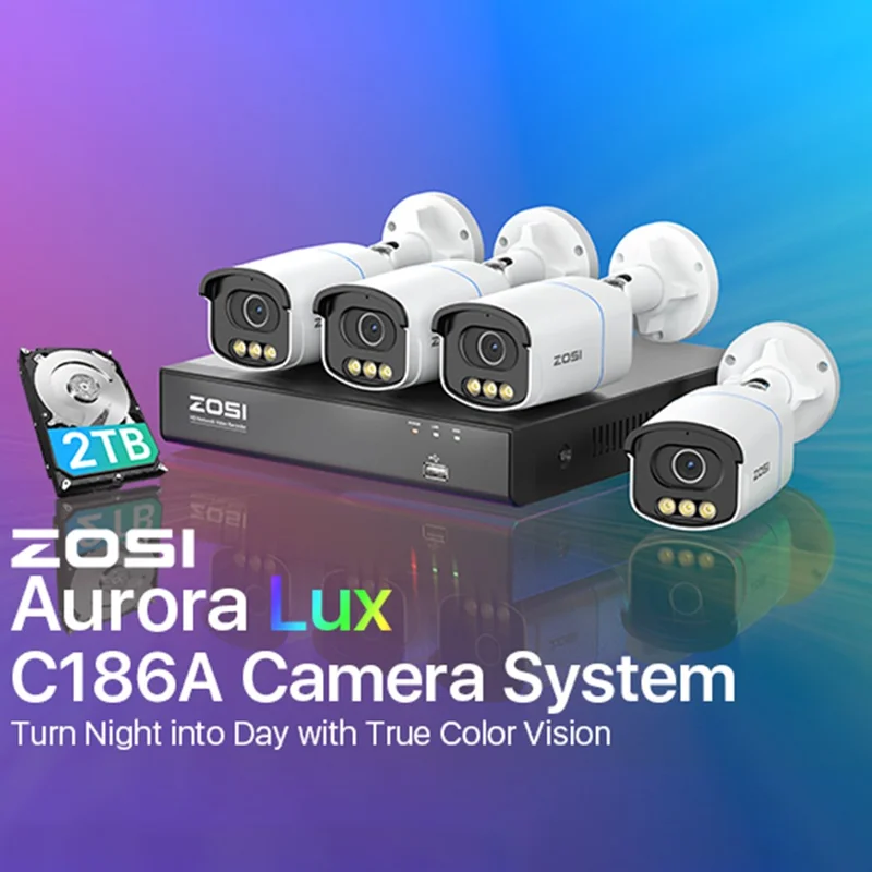 Système de caméra CCTV ZOSI 5MP Poe avec NVR 4K à 8 ports, 4 caméras, vision nocturne, détection humaine/véhicule avec disque dur de 2 To - Prise EU