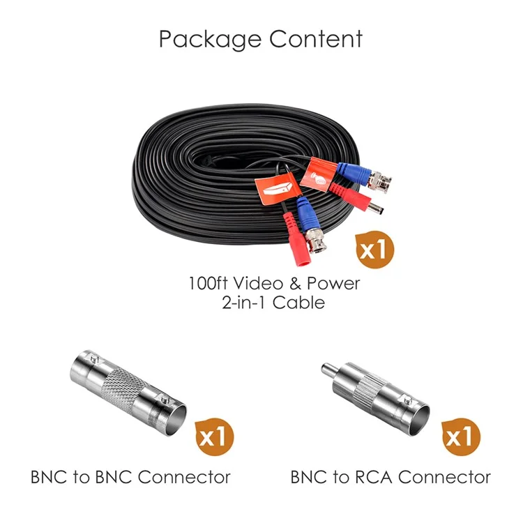 ZOSI 100 Feet 2 in 1 Video Power Cable BNC Extension Cord for Security Camera Systems