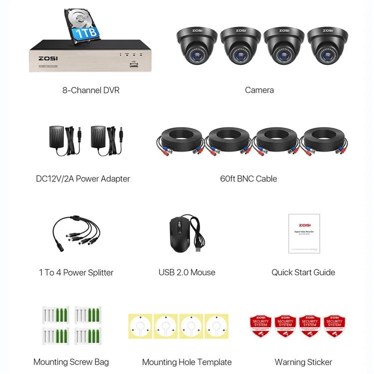 ZOSI 3K Lite Security Camera System AI Human Vehicle Detection Night Vision 4 1080P Cameras H.265+ 8CH DVR with 1TB HDD - White / US Plug