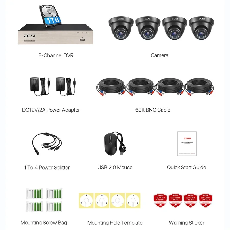 ZOSI 3K Lite Security Camera System AI Human Vehicle Detection Night Vision 4 1080P Cameras H.265+ 8CH DVR with 1TB HDD - White / EU Plug