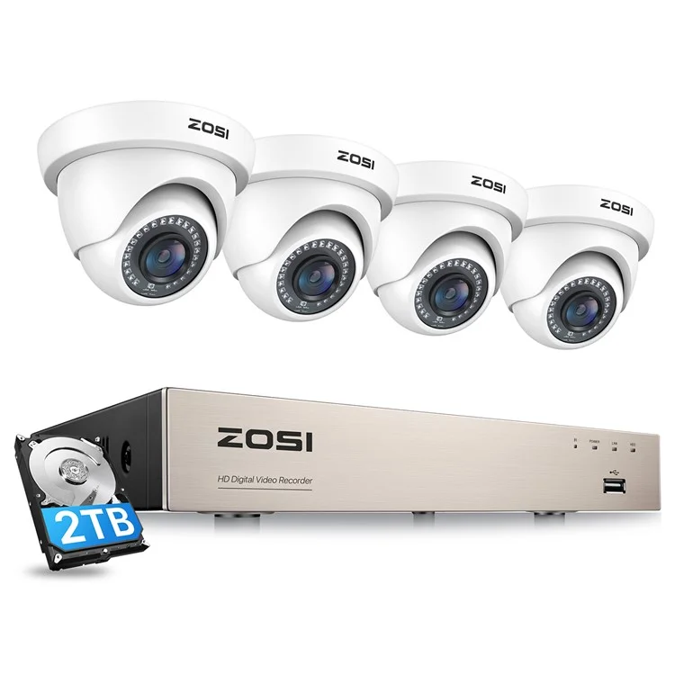 ZOSI 3K Lite Security Camera System AI Human Vehicle Detection Night Vision 4 1080P Cameras H.265+ 8CH DVR with 2TB HDD - White / US Plug