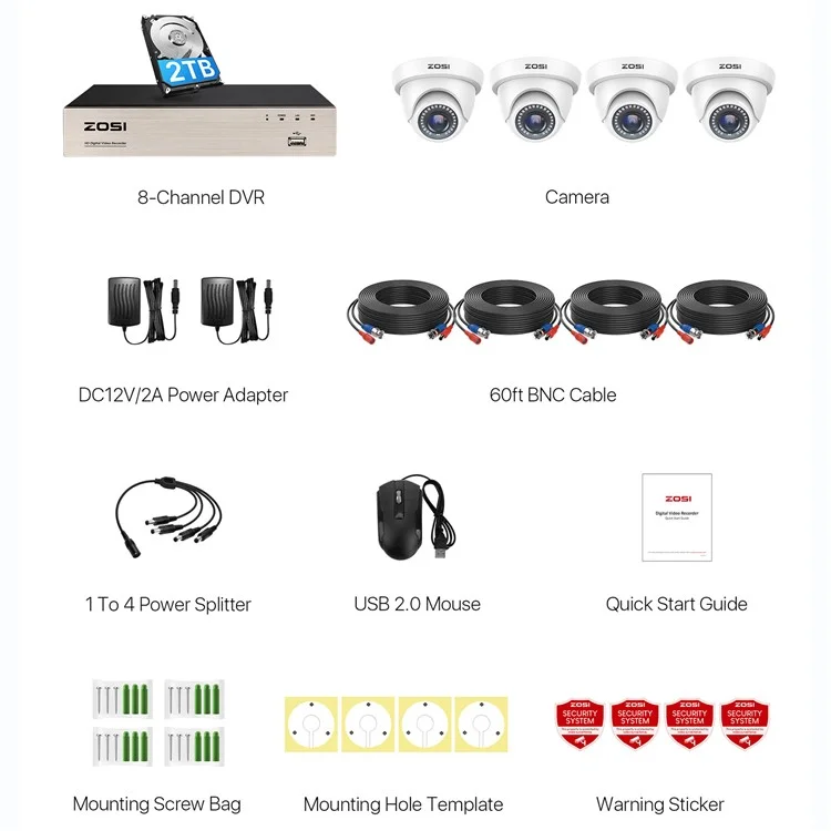 ZOSI 3K Lite Security Camera System AI Human Vehicle Detection Night Vision 4 1080P Cameras H.265+ 8CH DVR with 2TB HDD - White / US Plug