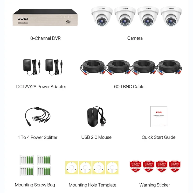 ZOSI 3K Lite Security Camera System AI Human Vehicle Detection Night Vision 4 1080P Cameras H.265+ 8CH DVR without HDD - White / EU Plug