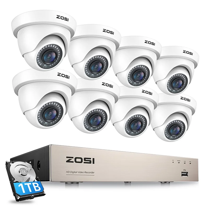 ZOSI 3K Lite Security Camera System AI Human Vehicle Detection Night Vision 8 1080P Cameras H.265+ 8CH DVR with 1TB HDD - White / UK Plug