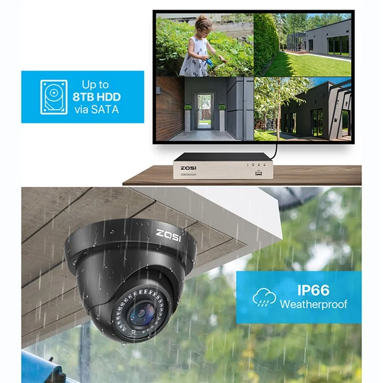 Système de Caméras de Sécurité ZOSI 3K Lite Détection AI Humain/Véhicule Vision Nocturne 8 Caméras 1080P H.265+ DVR 8 Canaux avec Disque Dur 2To - Noir / Prise US