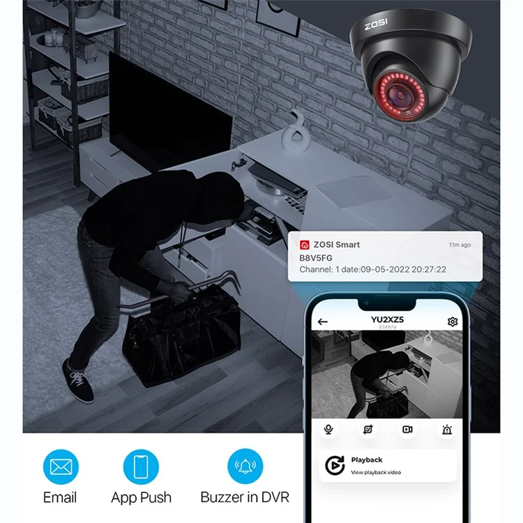 Système de Caméras de Sécurité ZOSI 3K Lite Détection AI Humain/Véhicule Vision Nocturne 8 Caméras 1080P H.265+ DVR 8 Canaux avec Disque Dur 2To - Noir / Prise US