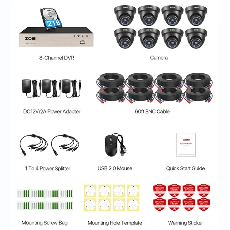 Système de Caméras de Sécurité ZOSI 3K Lite Détection AI Humain/Véhicule Vision Nocturne 8 Caméras 1080P H.265+ DVR 8 Canaux avec Disque Dur 2To - Noir / Prise US