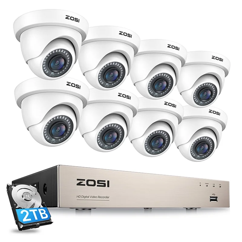 ZOSI 3K Lite Security Camera System AI Human Vehicle Detection Night Vision 8 1080P Cameras H.265+ 8CH DVR with 2TB HDD - White / UK Plug