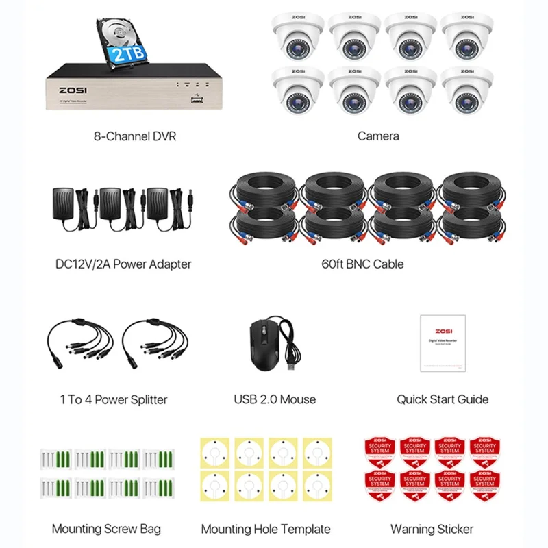 ZOSI 3K Lite Security Camera System AI Human Vehicle Detection Night Vision 8 1080P Cameras H.265+ 8CH DVR with 2TB HDD - White / UK Plug