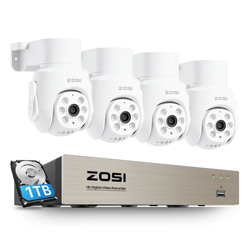 ZOSI 4 stk. 360 grad PTZ 1080P Hjemmesikkerhedskamera med 8-kanals DVR og indbygget 1 TB HDD til detektering af mennesker og køretøjer – UK-stik
