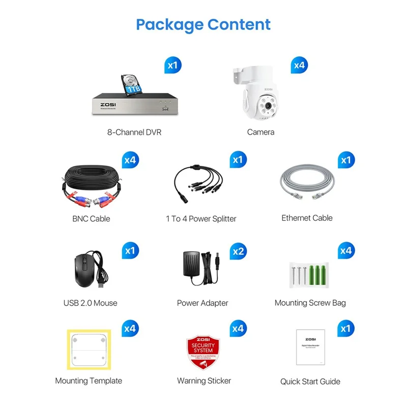 ZOSI 4 stk. 360 grad PTZ 1080P Hjemmesikkerhedskamera med 8-kanals DVR og indbygget 1 TB HDD til detektering af mennesker og køretøjer – UK-stik