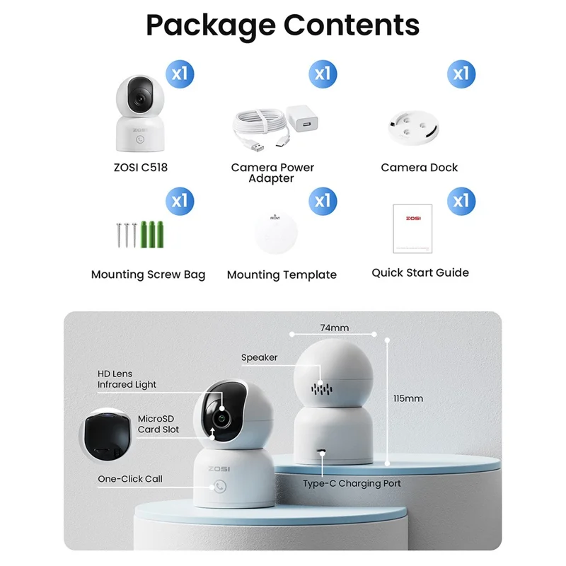 ZOSI C518 4K 8MP Indoor Security WiFi Camera AI Human Pet Detection Night Vision Two-Way Audio Camera with 64G Memory Card - US Plug