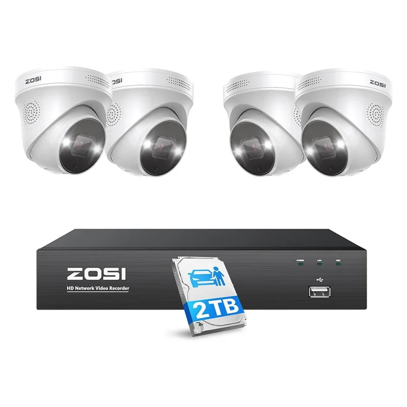 ZOSI 8-Kanal 4K Überwachungskamera-Set mit Scheinwerferlicht für Heimsicherheit, PoE-System mit 8 Anschlüssen, 16-Kanal 8MP NVR, 2TB Festplatte, 4 x 5MP Outdoor PoE IP-Kameras - US-Stecker