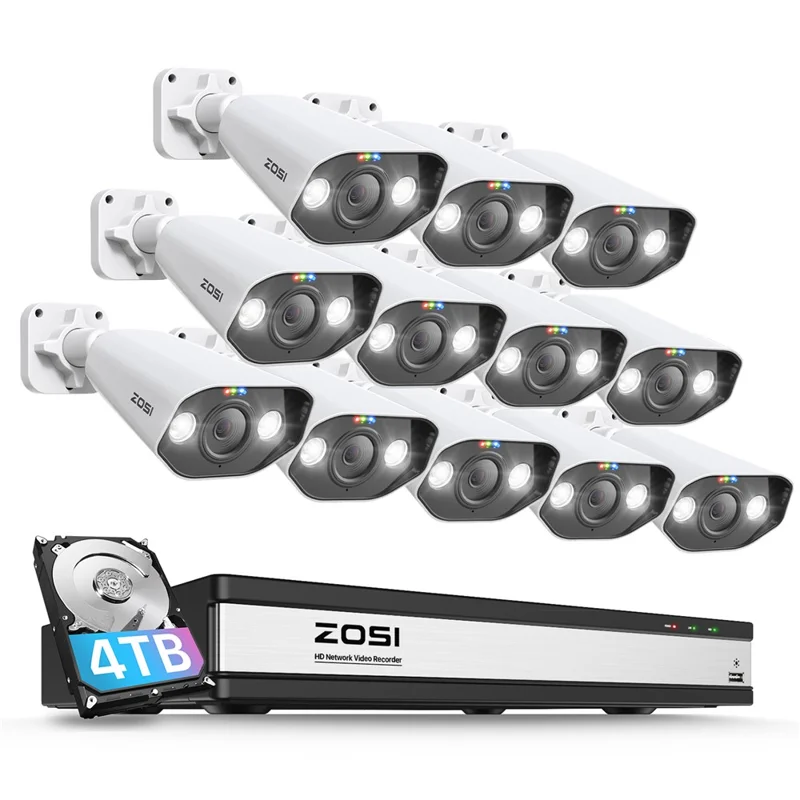 ZOSI 16 Canaux 4K Système de Caméras de Sécurité PoE avec Détection IA des Visages et Véhicules, Vision Nocturne Couleur, NVR avec Disque Dur 4 To + 12 Caméras 5 MP - Prise US