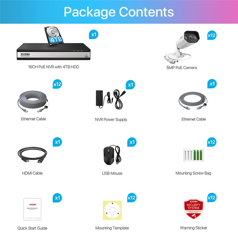 ZOSI 16 Canaux 4K Système de Caméras de Sécurité PoE avec Détection IA des Visages et Véhicules, Vision Nocturne Couleur, NVR avec Disque Dur 4 To + 12 Caméras 5 MP - Prise US