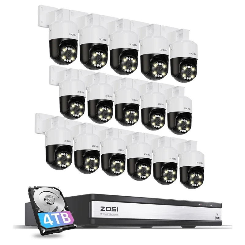 ZOSI C296 5x Digital Zoom Two-Way Audio AI Human Vehicle Detection 16Pcs 8MP 4K PT PoE Cameras + NVR with 4TB HDD - US Plug