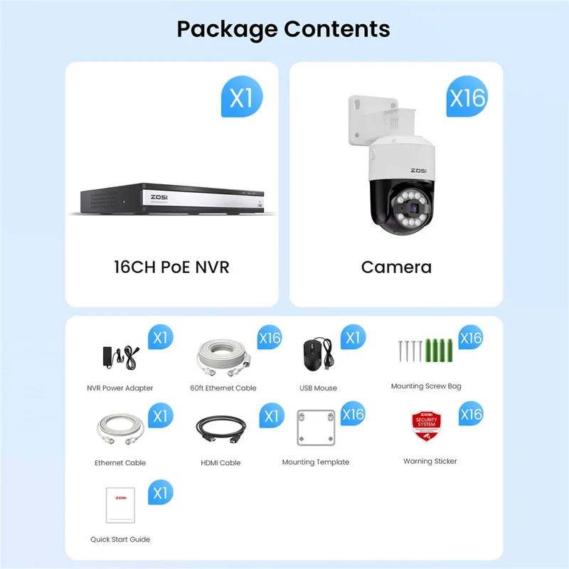 ZOSI C296 5x Digital Zoom Two-Way Audio AI Human Vehicle Detection 16Pcs 8MP 4K PT PoE Cameras + NVR with 4TB HDD - US Plug