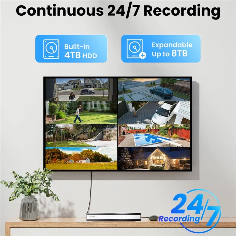 ZOSI C296 8 Stück 8MP 4K Outdoor Autotracking KI Mensch Fahrzeug Erkennung PT PoE Kameras + 16-Kanal-NVR mit 4TB HDD - US-Stecker