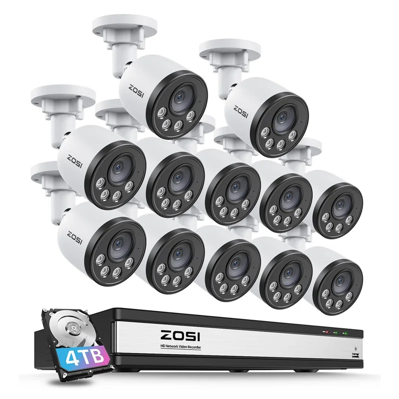 ZOSI 12Stk. Indoor Outdoor Smart Mensch-Erkennung Nachtsicht 4MP Wetterfeste PoE IP Kameras + 16-Kanal 4K NVR mit 4TB Festplatte - US-Stecker