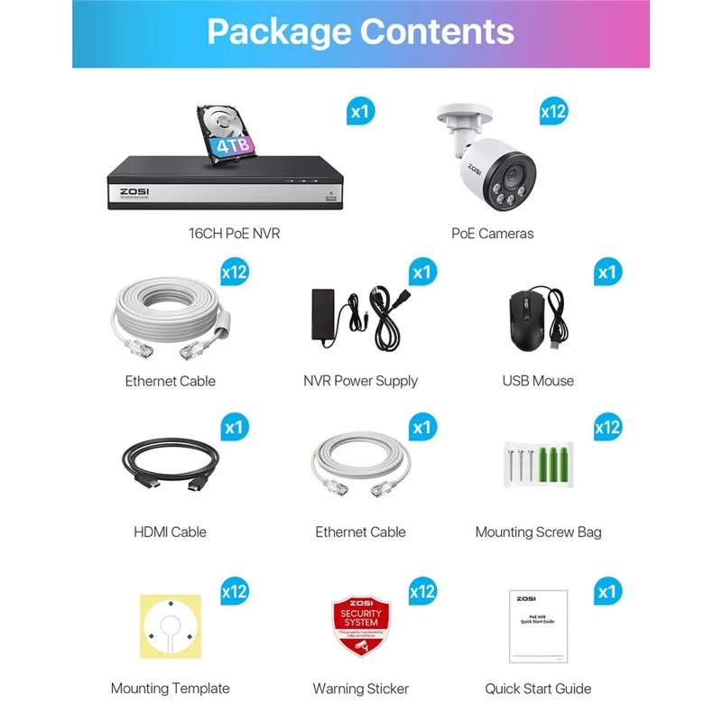 ZOSI 12Stk. Indoor Outdoor Smart Mensch-Erkennung Nachtsicht 4MP Wetterfeste PoE IP Kameras + 16-Kanal 4K NVR mit 4TB Festplatte - US-Stecker