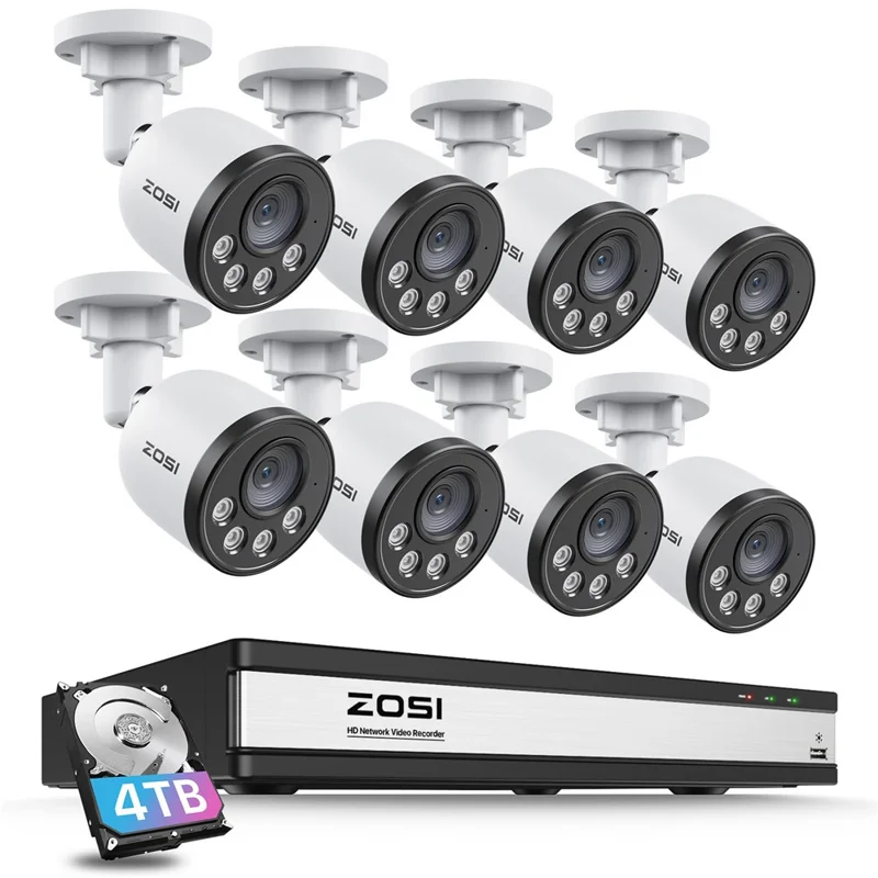 ZOSI 8Pcs Indoor Outdoor Smart Human Detection Night Vision 4MP Weatherproof PoE IP Cameras + 16CH 4K NVR with 4TB HDD - US Plug