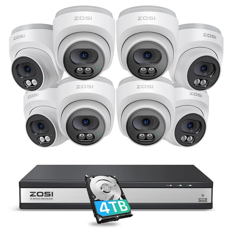 ZOSI 8Pcs Human Detection 100ft Night Vision 4MP Weatherproof PoE IP Security Cameras + 16CH 4K NVR with 4TB HDD - White / US Plug