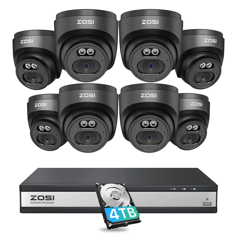 ZOSI 8Pcs Human Detection 100ft Night Vision 4MP Weatherproof PoE IP Security Cameras + 16CH 4K NVR with 4TB HDD - Black / EU Plug
