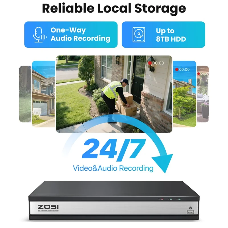 ZOSI 8Pcs Human Detection 100ft Night Vision 4MP Weatherproof PoE IP Security Cameras + 16CH 4K NVR with 4TB HDD - Black / EU Plug
