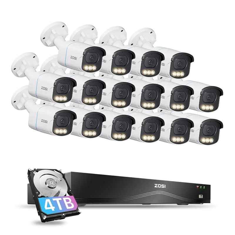 ZOSI 16Pcs 3K C186 Aurora Lux Full Color Night Vision Person Vehicle Detection PoE Cameras + 4K 8MP 16CH NVR with 4TB HDD - US Plug