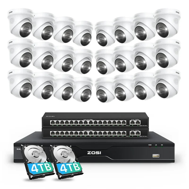 ZOSI 24Pcs Face Vehicle Detection Two-Way Audio 24 / 7 Recording 8MP PoE Cameras + 32CH 4K NVR with 8TB HDD - US Plug