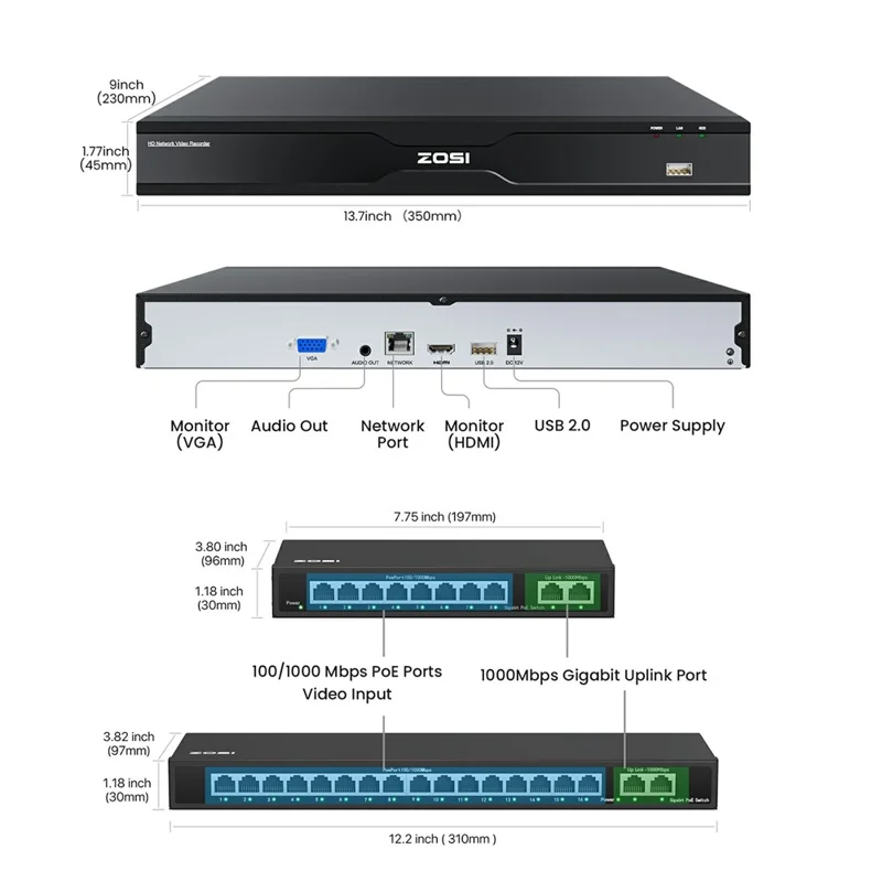 ZOSI 24Pcs Face Vehicle Detection Two-Way Audio 24 / 7 Recording 8MP PoE Cameras + 32CH 4K NVR with 8TB HDD - US Plug